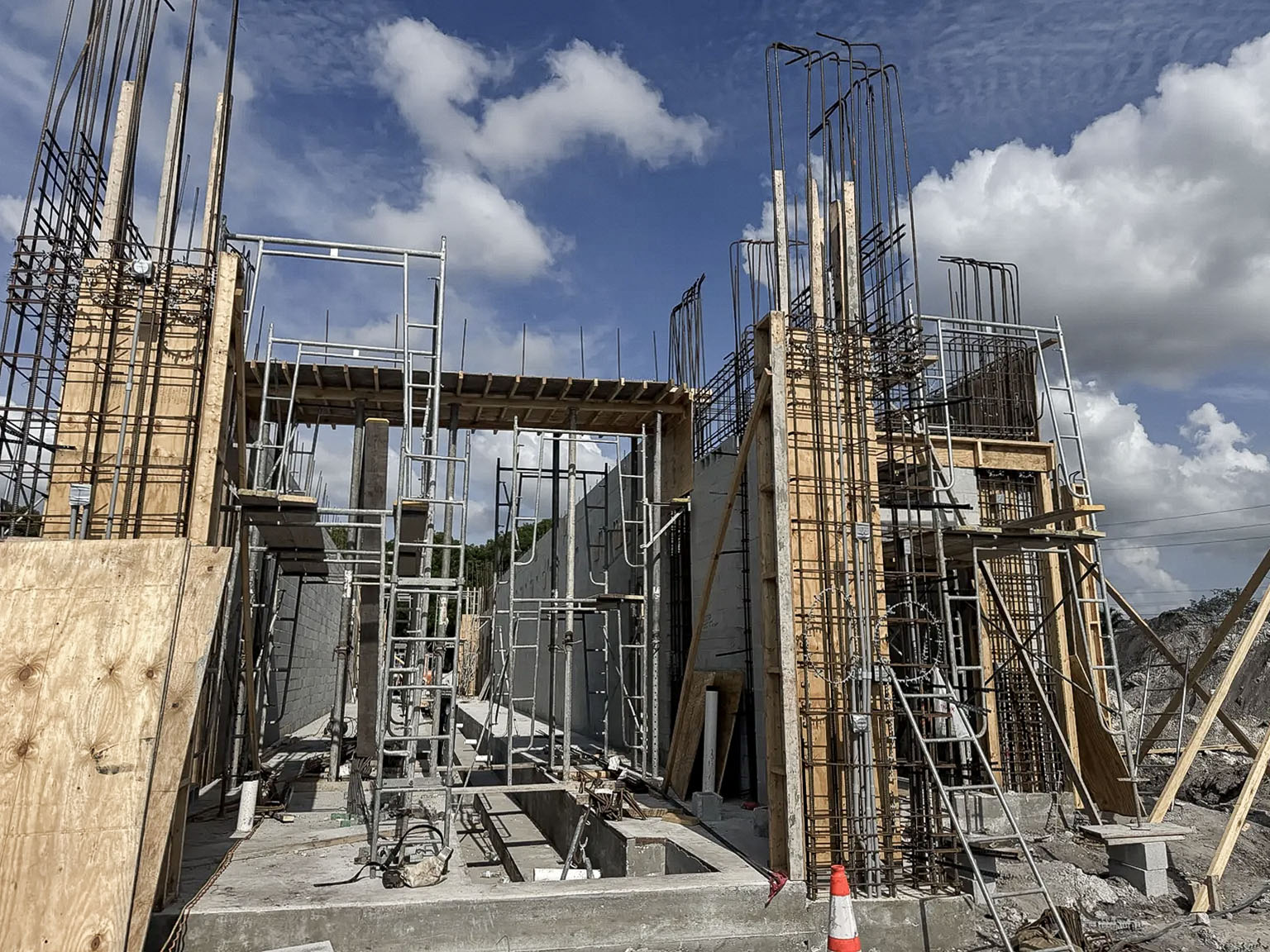 Reinforcing steel and formwork on an active commercial construction site