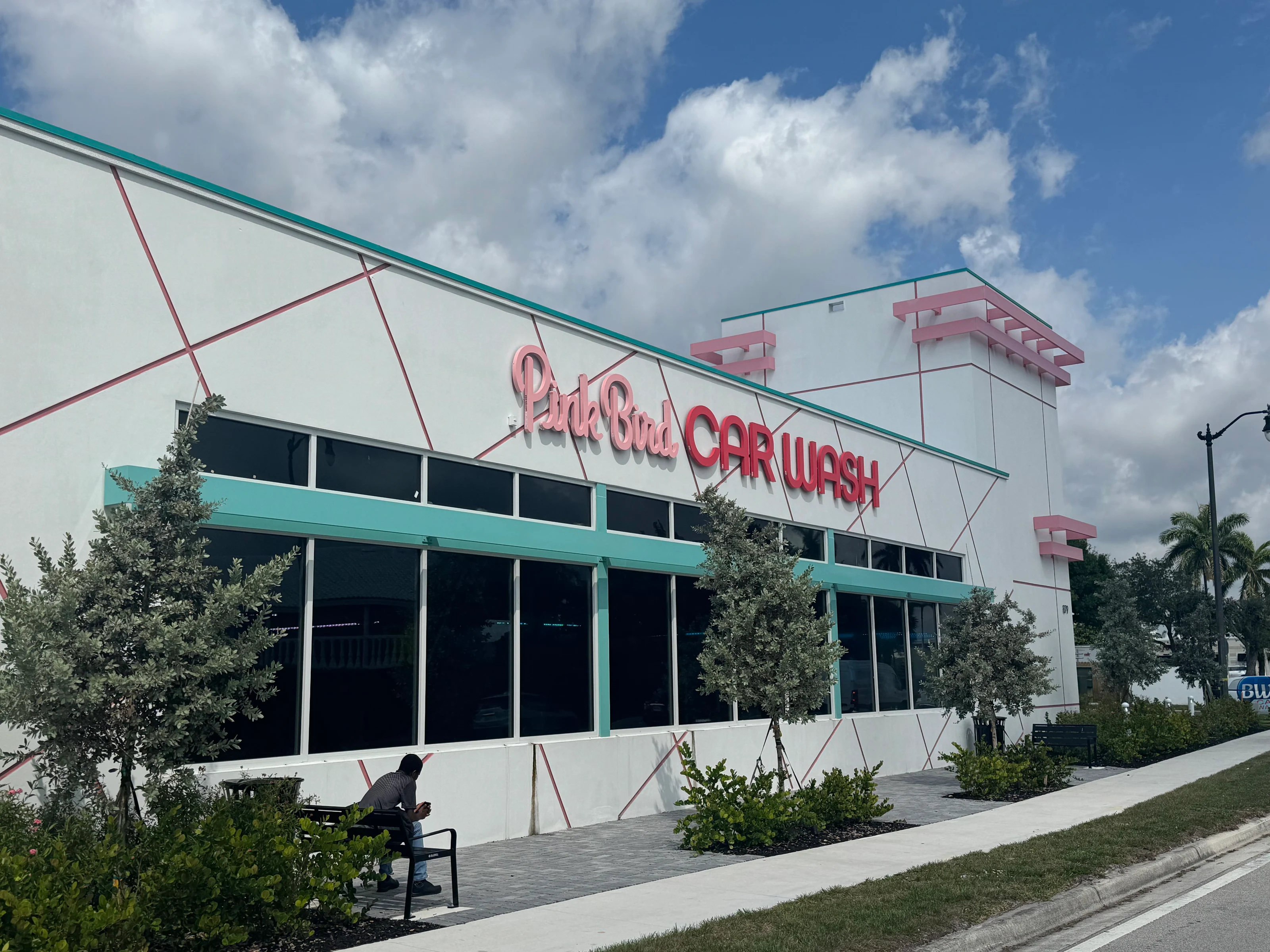 Side view of Pink Bird Car Wash in West Palm Beach, Florida